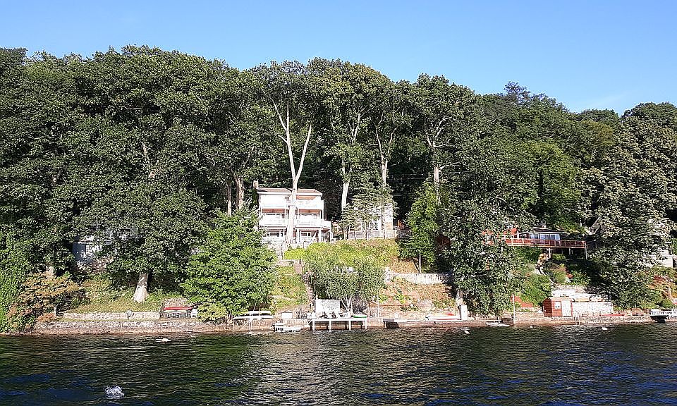 lakeview of house, garage.