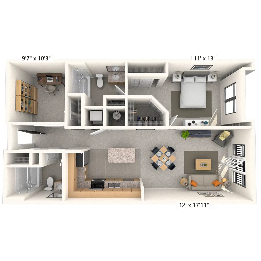 Floor plan Traditional 1X2 893-1022 SF