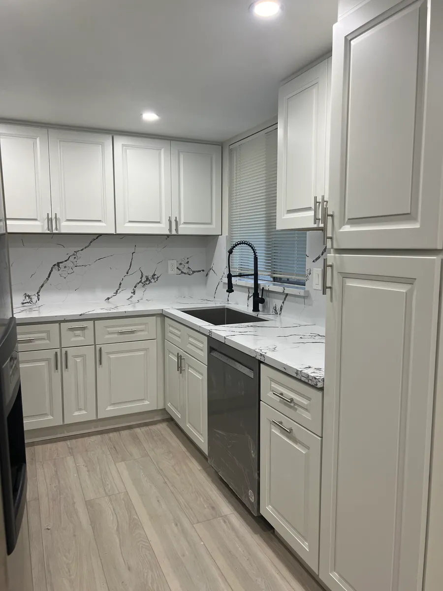 Totally remodeled kitchen with new dishwasher, blinds, countertops, cabinets, lighting and stove, and new plumbing and garbage disposal. Fridge is not new. Window over sink. - 901 Golden Springs Dr #B11