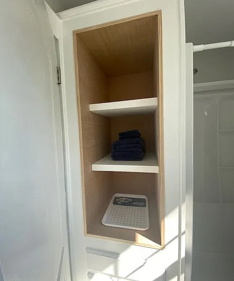 Open storage shelves.