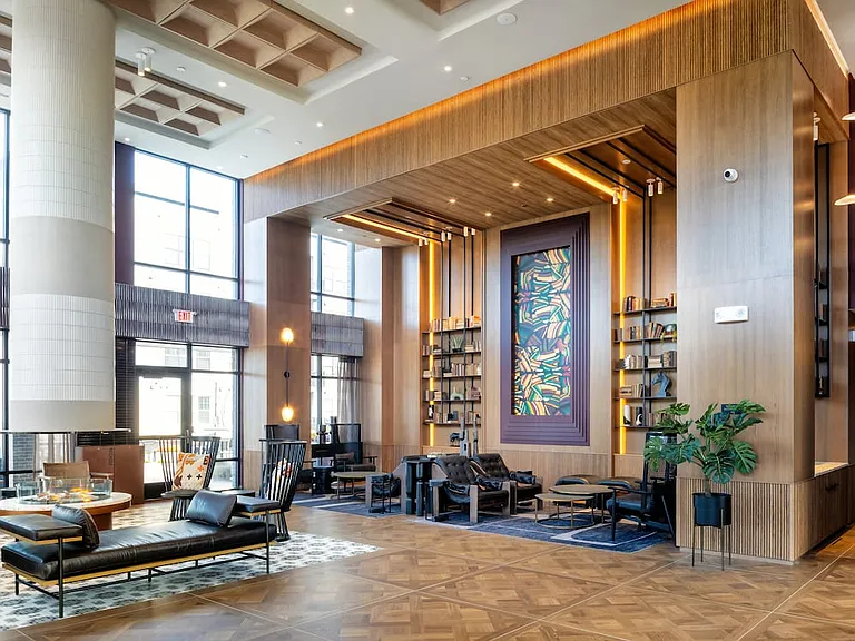 2 Campus lobby and lounge with fireplace