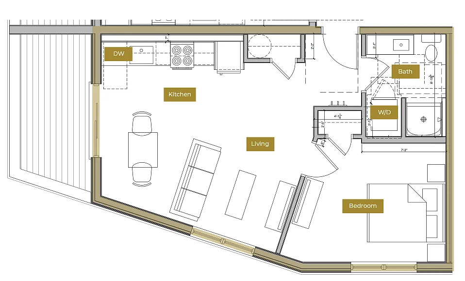 Floor plan 1 Bedroom w/ Balcony Floor Plan K | Lofts North