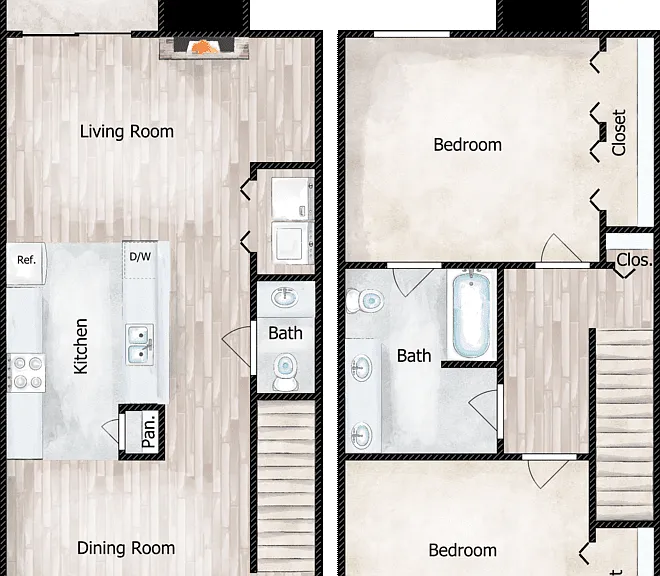 2 Bed 1.5 Bath Townhome Split Floorplan Diagram