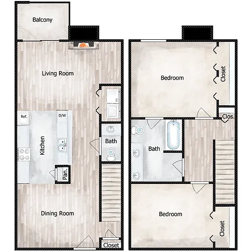 Floor plan 2 Bed 1.5 Bath Townhome Split