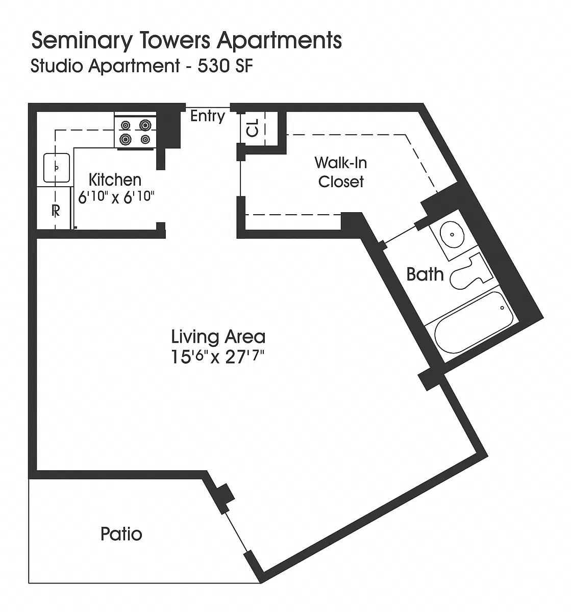 Floor plan Studio 1BA (530sf)