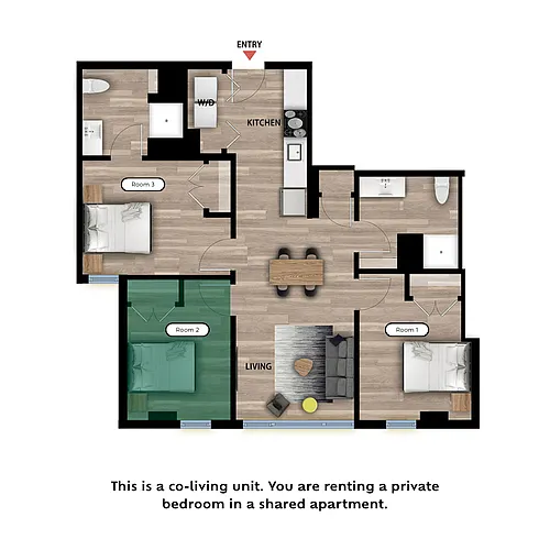 Floor plan Private Bed in a 3 Bed 2 Bath C - RM2