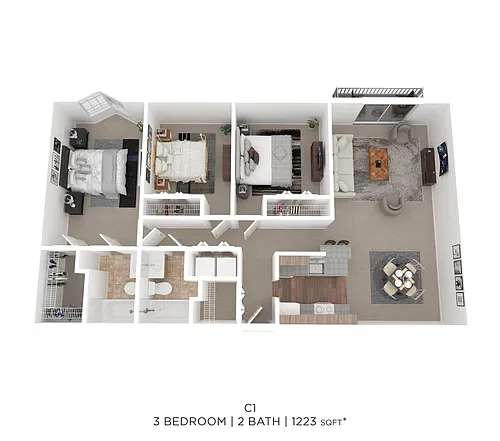Floor plan Three Bed Two Bath 1223 Sqft