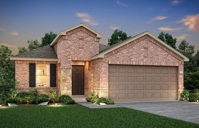 The Hewitt, a one-story home with 2-car garage, shown with Home Exterior Q