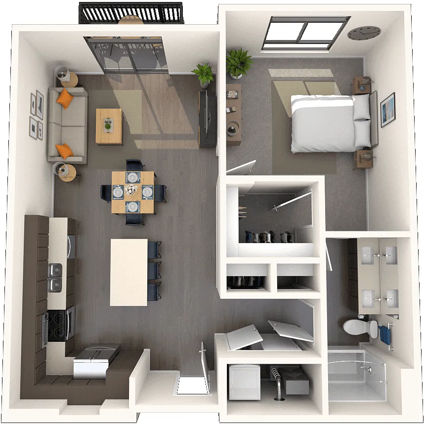 Floor plan Traditional 1x1 834-840 SF