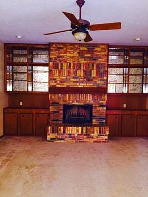 Beautiful working Chicago brick fireplace and shelving