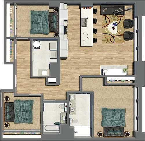 Floor plan Suite Style 19 - 3 Bedrooms 2 Baths