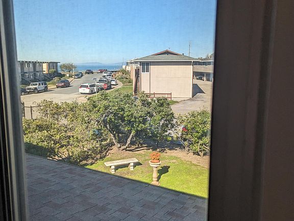 yard, ocean with Marin Headlands in distance
