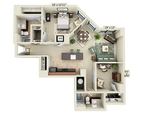 Floor plan One Bedroom Den A2AD
