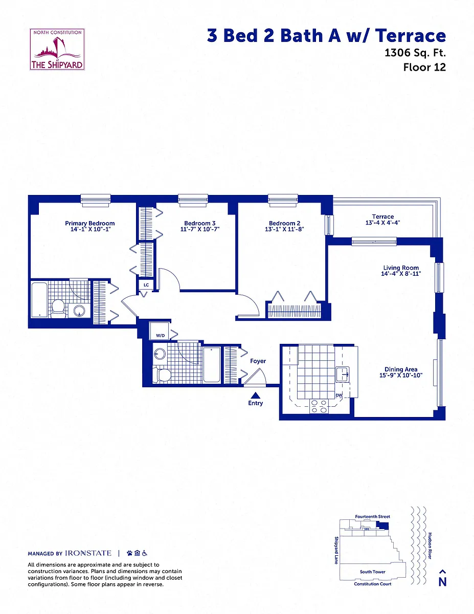 Floor plan 3 Bed 2 Bath A with Terrace