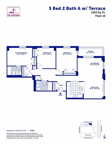 Floor plan 3 Bed 2 Bath A with Terrace