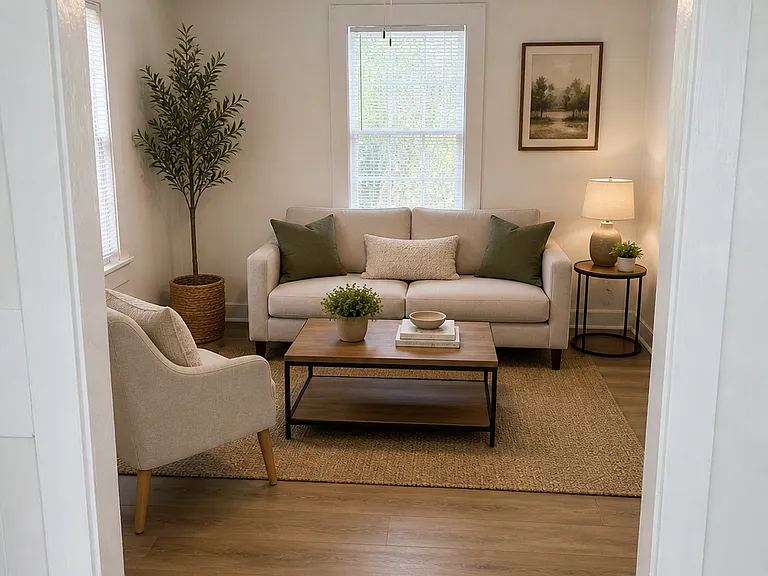 Living space that comfortably fits furnitureno tight or boxed-in layout.