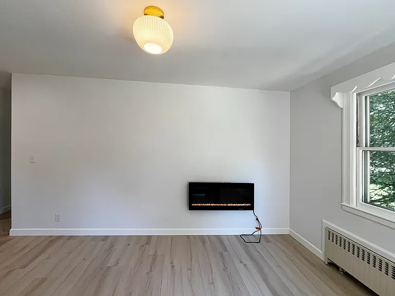 Living room with electric fireplace, TV can mount above. 2 windows in LR with great private views.