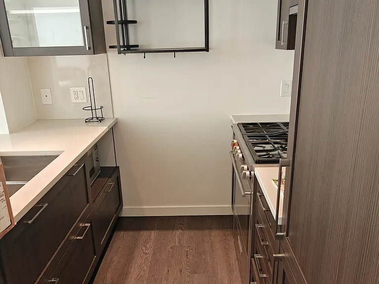 kitchen with built in fridge, dishwasher, gas stove, and microwave.