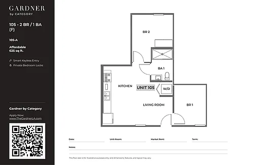 Floor plan 105 - 2 BR / 1 BA (F)