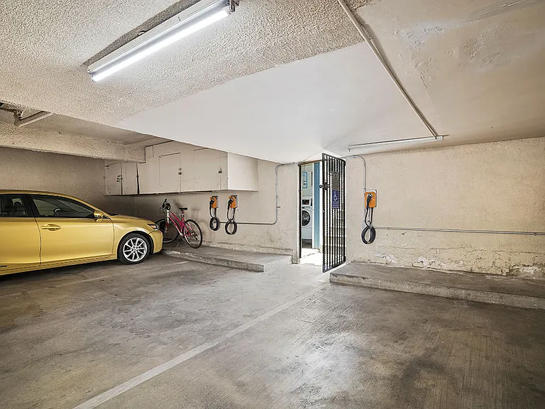 Parking garage with EV car chargers.