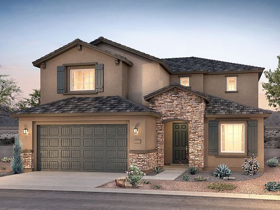 Two-story Yucca shown in Elevation B with a two-car garage and stunning stone accents.