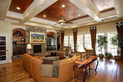 Grand family room with beautiful coffered ceiling