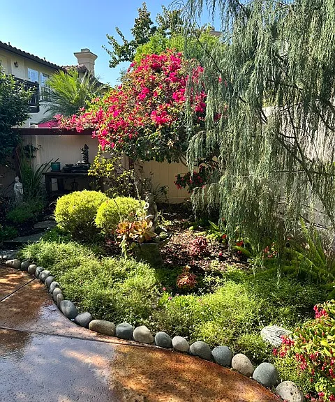 Backyard Private Oasis: Enjoy a tranquil, quiet garden setting perfect for relaxing or outdoor dining. Access to the patio through sliding glass doors from the primary bedroom, or living/dining room, inviting plenty of natural light.