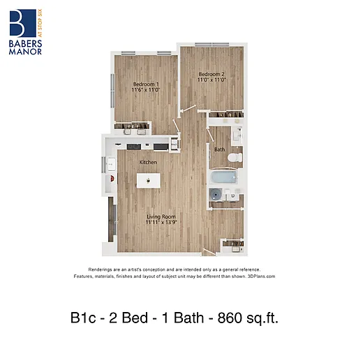 Floor plan B1c | 2 Bed | 1 Bath | 50