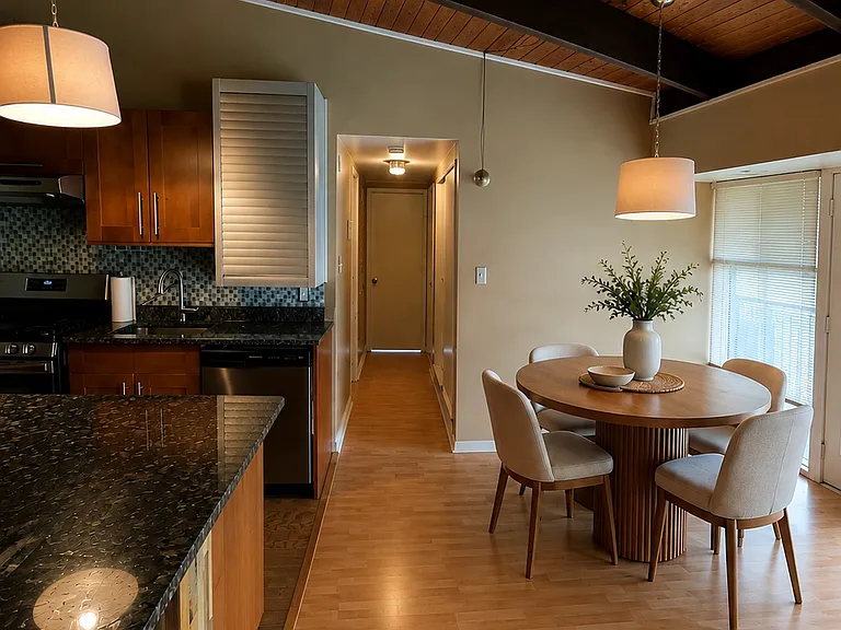 Ample dining area with natural light