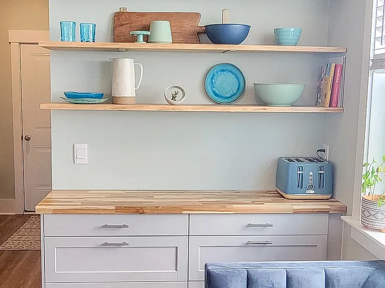 open shelving and extra storage
