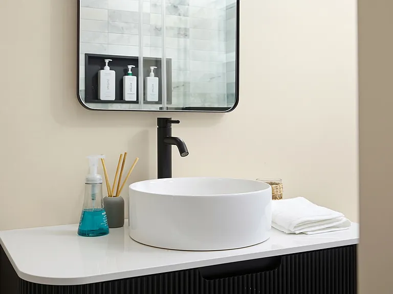 Fully remodeled guest bathroom with floating sink (Pic 3)