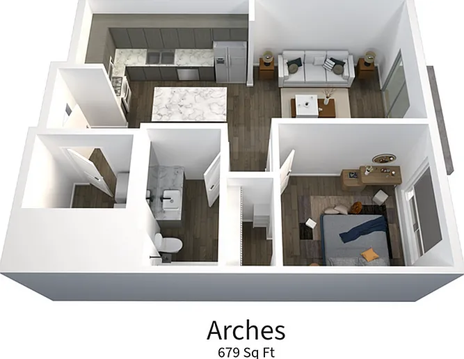 Explore the Arches apartment floor plan with sleek design and optimal use of 679 sq ft. Explore the Arches apartment floor plan with sleek design and optimal use of 679 sq ft.