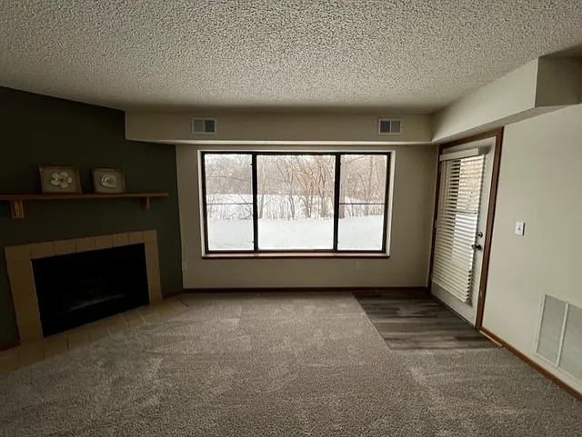 Living room with woodburning fireplace at Sun Lake