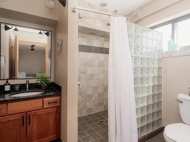 Downstairs bathroom with twin shower heads