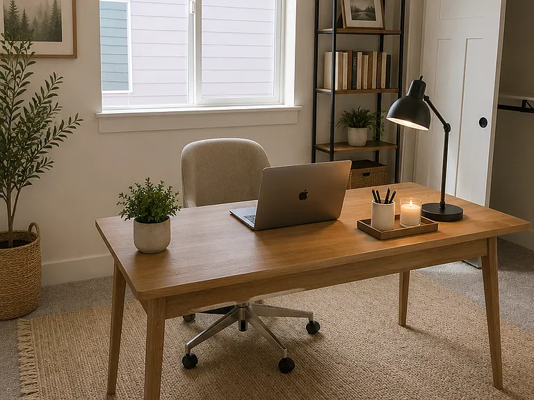 Bedroom 2 staged as an office.
Images are rendered with AI to show potential layout and staging.