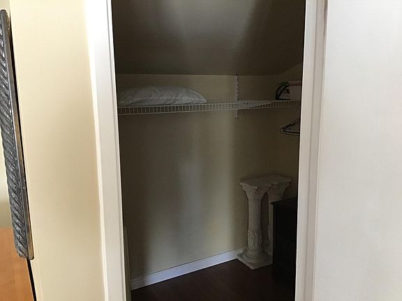 Giant walk in closet with tons of shelves in attic at the rear of closet.