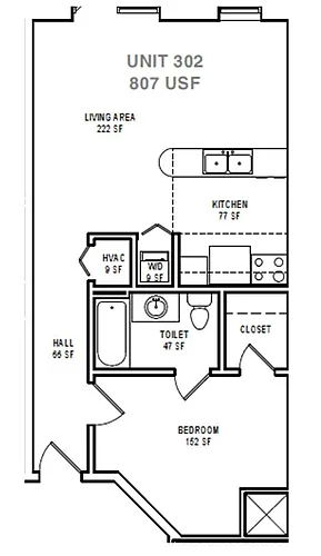 Floor plan A3A One Bedroom / One Bath
