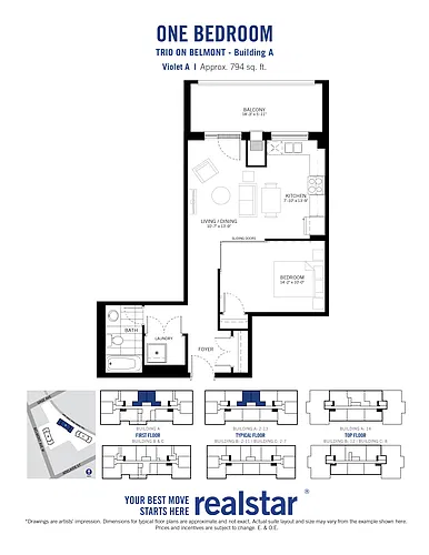 Floor plan 1 Bed 1 Bath (Violet A)