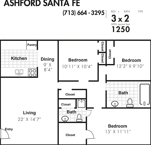C - 3bed, 2bath - 1250sqft C - 3bed, 2bath - 1250sqft