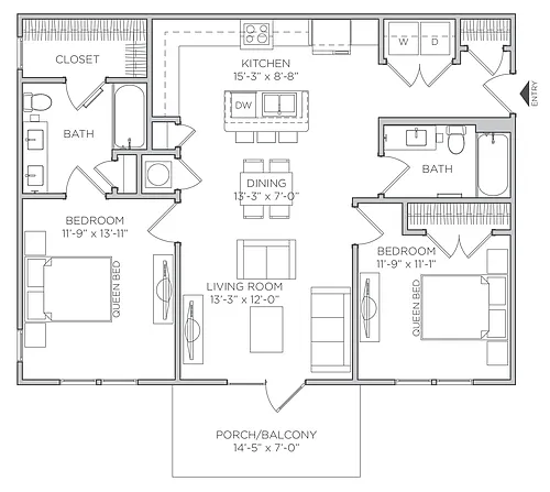 Floor plan 2 Bed 2 Bath C with Garage
