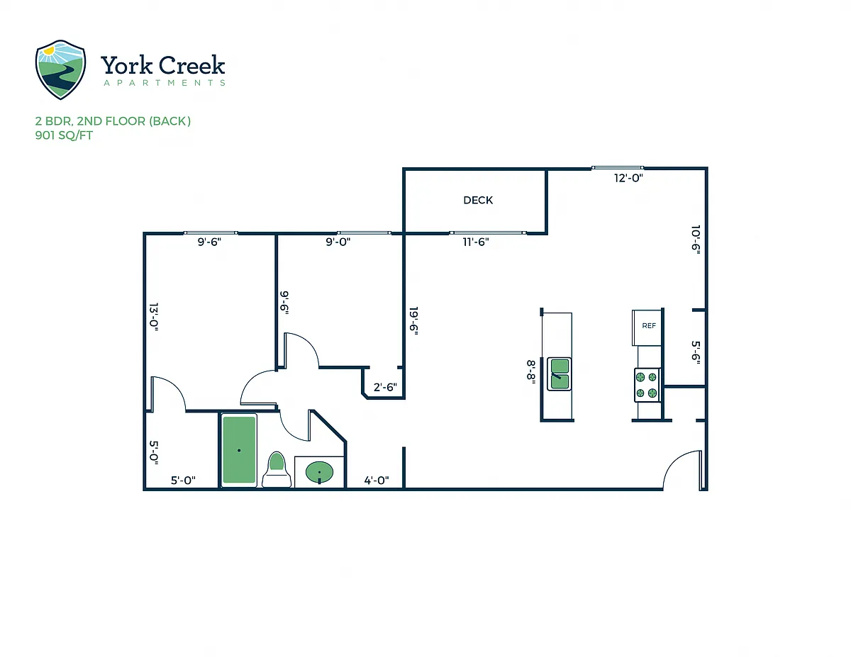Floor plan 2 Bed, 1 Bath - 901 sq ft