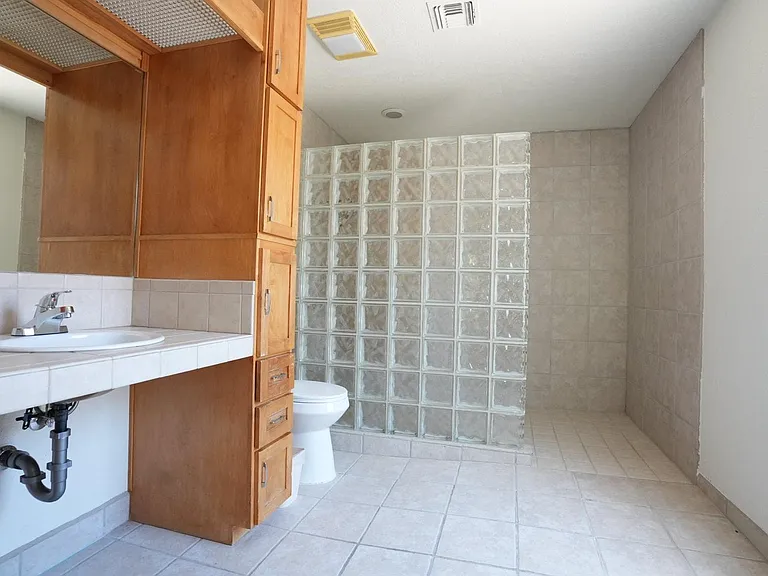 Spacious tiled bathroom with a long vanity, ample built-in storage, and a large walk-in shower with glass-block divider.