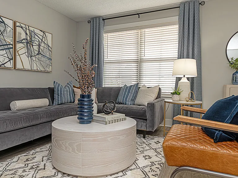 Spacious living room with hardwood-style flooring