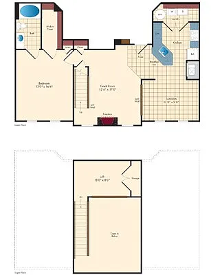 Floor plan 1 Bed/1 Bath w/Sunroom and Loft