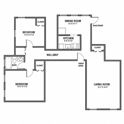 Floor plan 2 BR 1 Bath Units 16,17,18