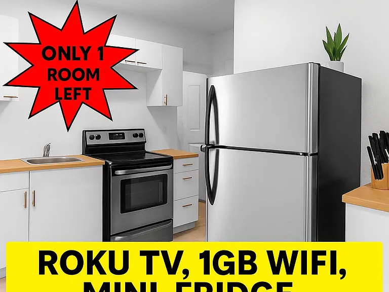 Each room has Smart TV, Mini-Fridge, desk & chair