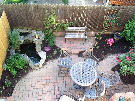 Back patio with pond