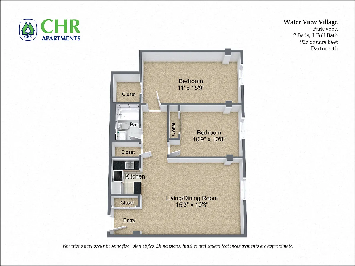 Floor plan 2 Bed/1 Bath with Walk-In Closet