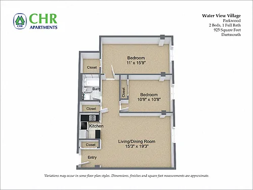 Floor plan 2 Bed/1 Bath with Walk-In Closet
