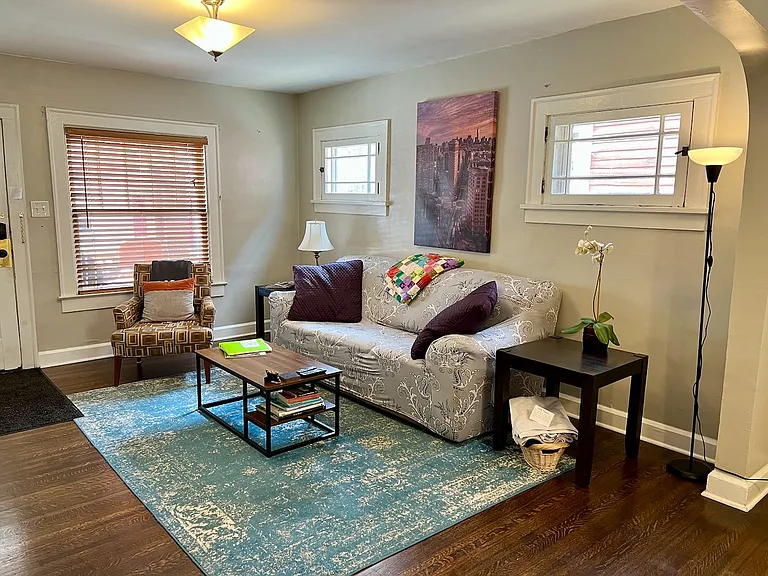 Living room with lots of western light and 55" Smart TV.